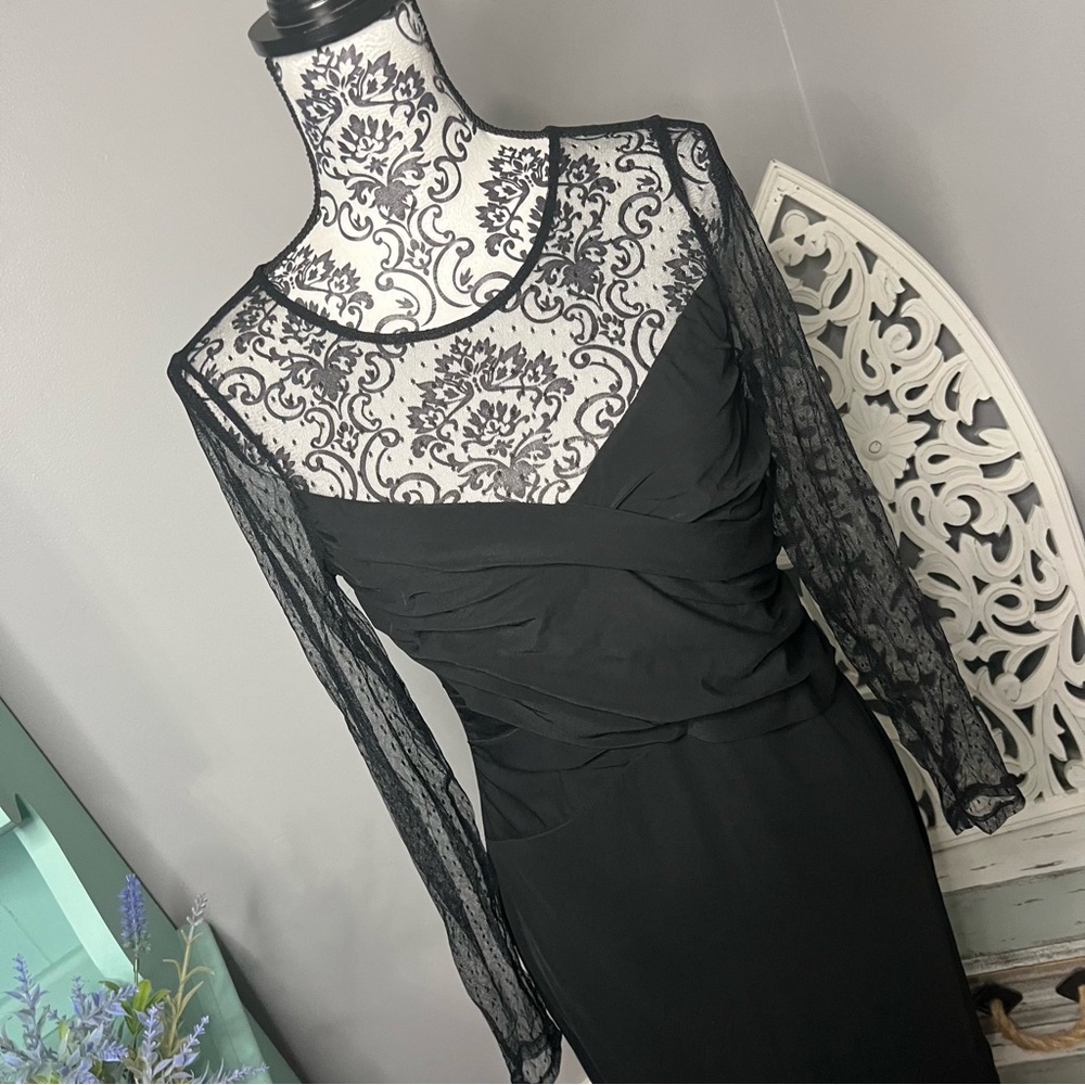 Vince Camuto Ruched Dot Mesh Dress Size Medium Black LBD Wedding Guest - Picture 3 of 14
